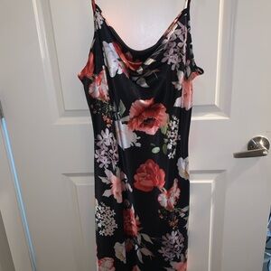 bebe Black Midi Slip Dress with Red & Pink Floral Print